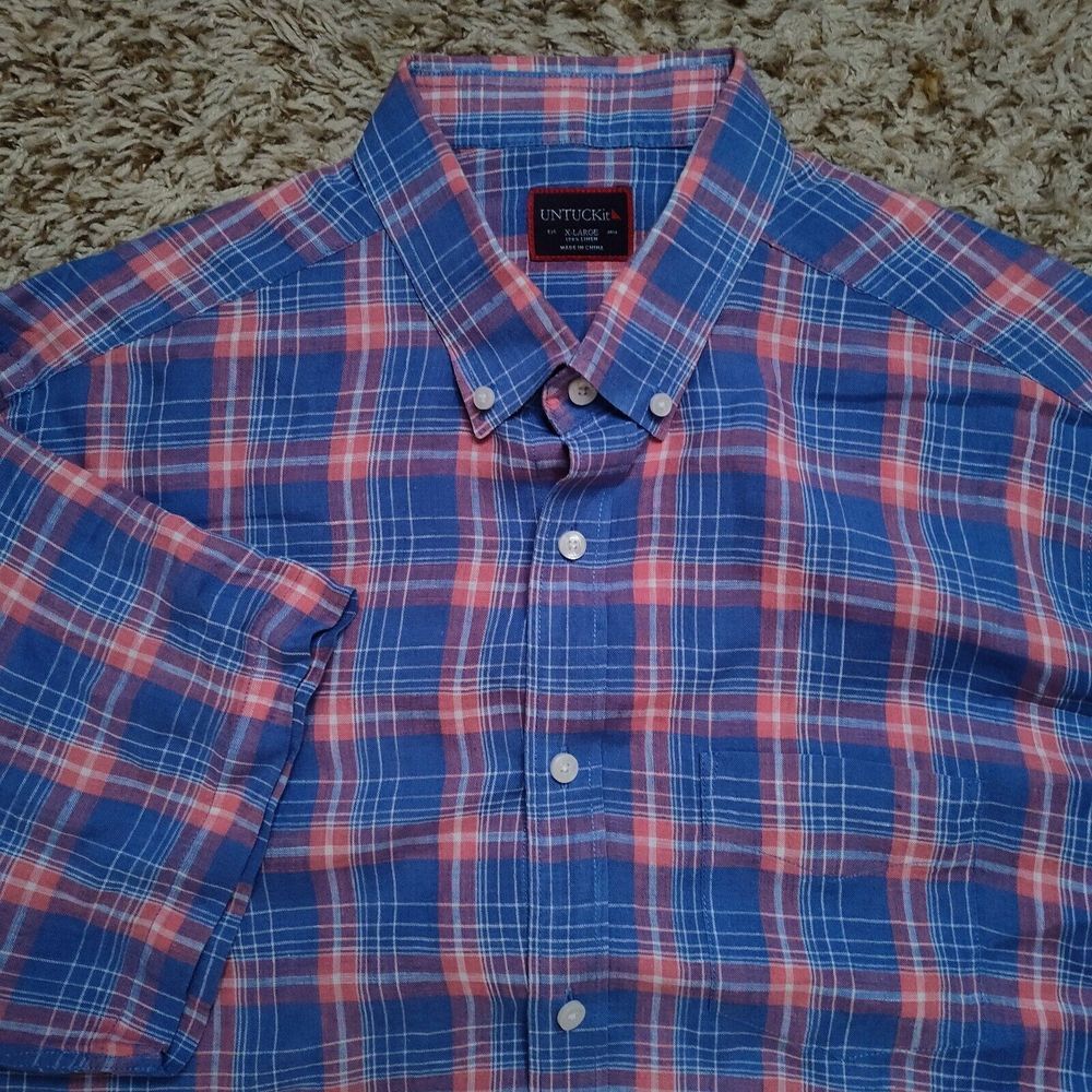 UNTUCKit Blue Pink Plaid Men Sz XL Oxford‎ Short Sleeve Button Up Shirt